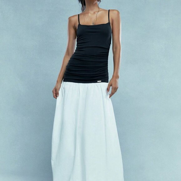 Dresses & Skirts - Black and White Casual Women's Color Block Bubble Ruched Long Hem Cami Dress